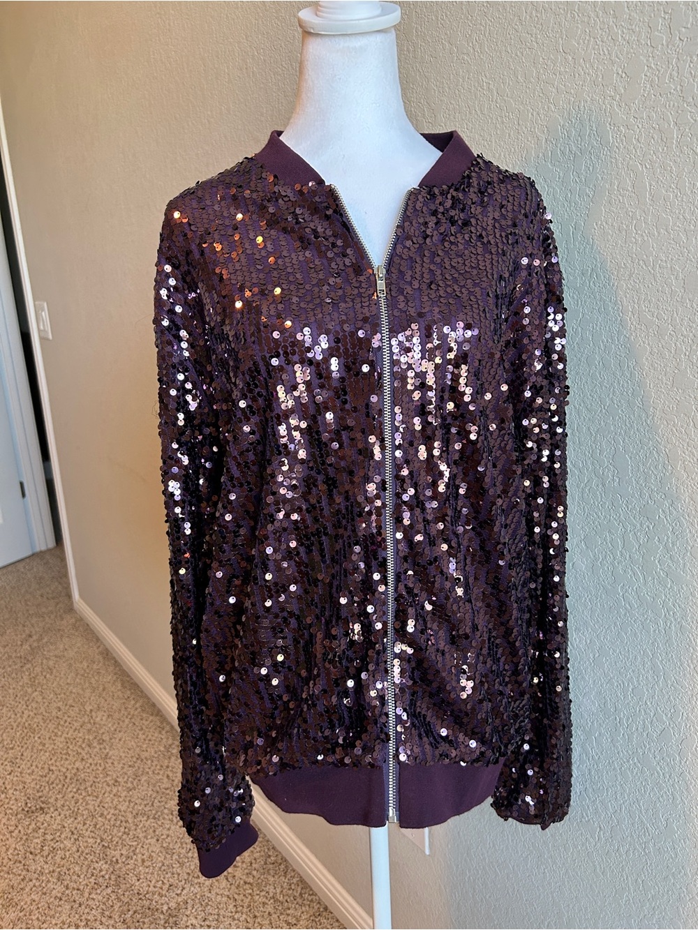 ANNA-KACI Sparkle & Shine Collection Purple Sequin Bomber Jacket Women’s Size XL